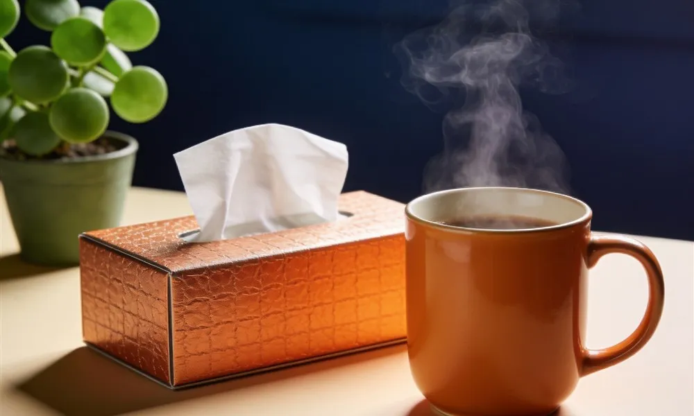A warm mug of tea, tissues and a green plant representing recovering from smoker's flu